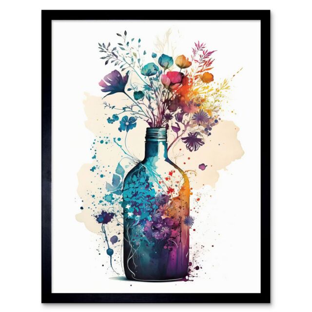 "Artery8 Wall Art Print Wildflower Spring Bouquet in Glass Wine Bottle Art Framed in Black - Size: W12"" x H16""" - image 1