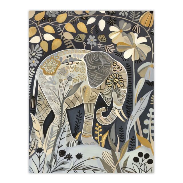 "Artery8 Elephant Flowers Artwork Quirky Floral Folk Art Wall Art Print - Size: W24"" x H32""" - image 1