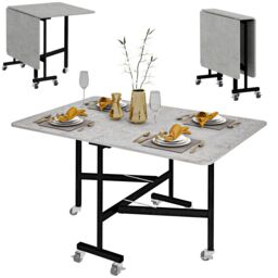 HOMCOM Drop Leaf Table, Folding Dining Table with Metal Frame, Rolling Kitchen Dining Table for Small Spaces, 120cm in Grey - thumbnail 2