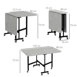 HOMCOM Drop Leaf Table, Folding Dining Table with Metal Frame, Rolling Kitchen Dining Table for Small Spaces, 120cm in Grey - thumbnail 3