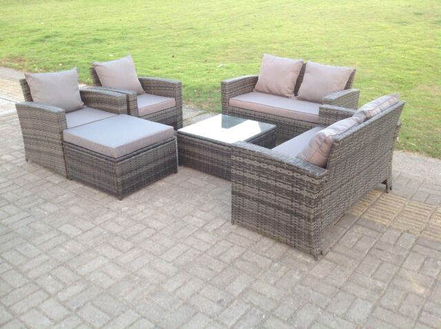 Fimous High Back Dark Mixed Grey Rattan Sofa Set Outdoor Furniture Square Coffee Table Big Footstool Chairs in Dark Grey