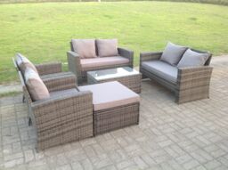 Fimous High Back Dark Mixed Grey Rattan Sofa Set Outdoor Furniture Square Coffee Table Big Footstool Chairs in Dark Grey - thumbnail 4