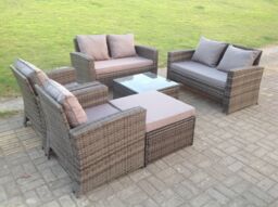 Fimous High Back Dark Mixed Grey Rattan Sofa Set Outdoor Furniture Square Coffee Table Big Footstool Chairs in Dark Grey - thumbnail 2