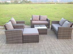Fimous High Back Dark Mixed Grey Rattan Sofa Set Outdoor Furniture Square Coffee Table Big Footstool Chairs in Dark Grey - thumbnail 3