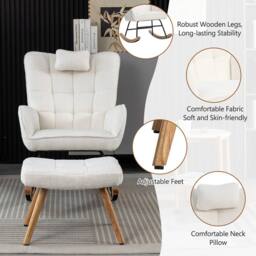 Merax Bouclé Fabric Rocking Chair with Footstool & Matching Neck Pillow in White - thumbnail 7