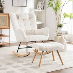 Merax Bouclé Fabric Rocking Chair with Footstool & Matching Neck Pillow in White