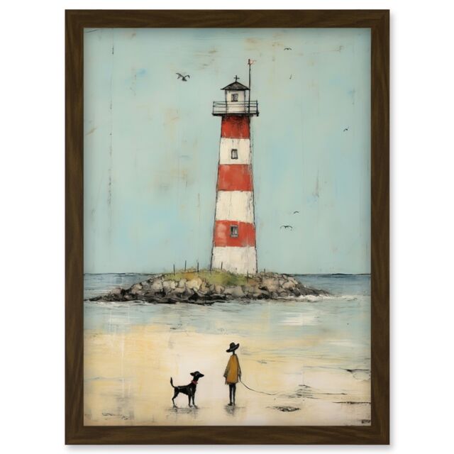 Artery8 Wall Art Print Lighthouse Pastel Colour Painting Bathroom Artwork Red Blue Ochre Boy & Pet Dog Beach Walk Artwork Framed A4 in Brown - image 1