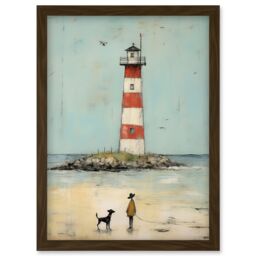 Artery8 Wall Art Print Lighthouse Pastel Colour Painting Bathroom Artwork Red Blue Ochre Boy & Pet Dog Beach Walk Artwork Framed A4 in Brown - thumbnail 1