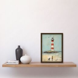 Artery8 Wall Art Print Lighthouse Pastel Colour Painting Bathroom Artwork Red Blue Ochre Boy & Pet Dog Beach Walk Artwork Framed A4 in Brown - thumbnail 2