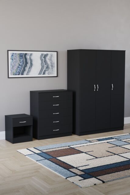 Home Discount Vida Designs Riano 3Pc Bedroom Set - 5 Drawer Chest, 3 Door Wardrobe in Black - image 1