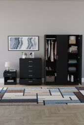Home Discount Vida Designs Riano 3Pc Bedroom Set - 5 Drawer Chest, 3 Door Wardrobe in Black - thumbnail 3