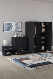 Home Discount Vida Designs Riano 3Pc Bedroom Set - 5 Drawer Chest, 3 Door Wardrobe in Black - thumbnail 2
