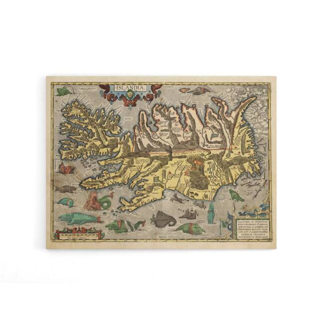 "Artery8 1585 Iceland Pictorial Map With Sea Monsters Canvas Wall Art Print - Size: W18"" x H24""" - image 1