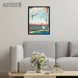 "Artery8 Minowa Kanasugi Mikawashima Crane Framed Canvas Wall Art Print Hiroshige in Green - Size: W12"" x H16""" - thumbnail 3