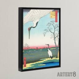 "Artery8 Minowa Kanasugi Mikawashima Crane Framed Canvas Wall Art Print Hiroshige in Green - Size: W12"" x H16""" - thumbnail 2