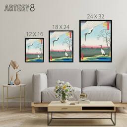 "Artery8 Minowa Kanasugi Mikawashima Crane Framed Canvas Wall Art Print Hiroshige in Green - Size: W12"" x H16""" - thumbnail 4