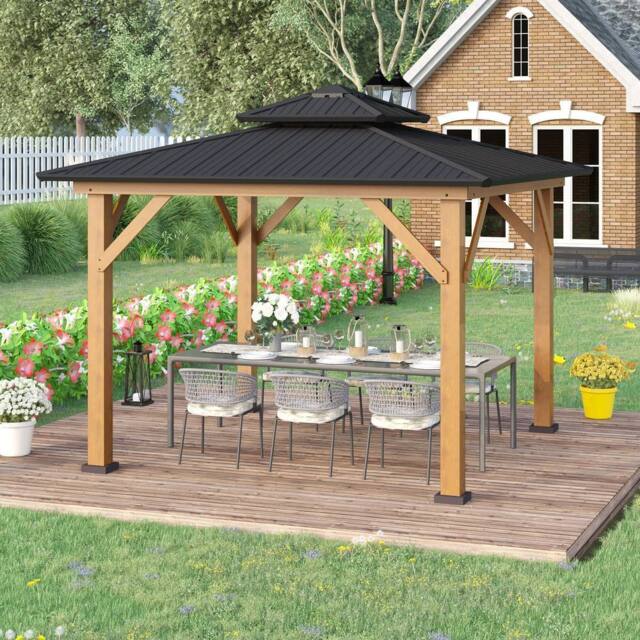 OUTSUNNY 3.5 x 3.5m Wood Frame Hardtop Gazebo w/ Double Vented Roof, Black