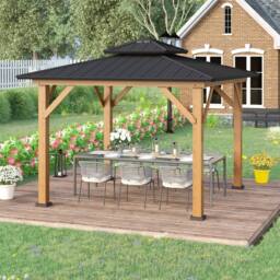 OUTSUNNY 3.5 x 3.5m Wood Frame Hardtop Gazebo w/ Double Vented Roof, Black - thumbnail 1
