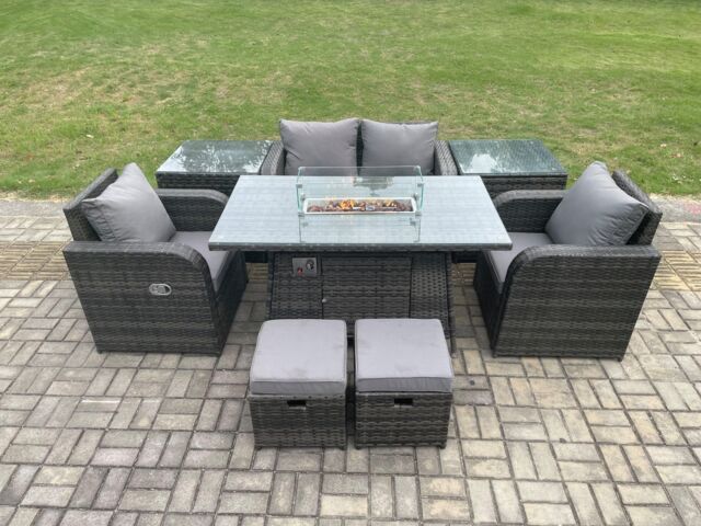 Fimous Rattan Garden Furniture Set Outdoor Patio Gas Fire Pit Dining Table & Chairs with Love Seat Sofa in Dark Grey - image 1