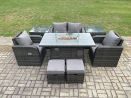 Fimous Rattan Garden Furniture Set Outdoor Patio Gas Fire Pit Dining Table & Chairs with Love Seat Sofa in Dark Grey - thumbnail 1