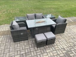 Fimous Rattan Garden Furniture Set Outdoor Patio Gas Fire Pit Dining Table & Chairs with Love Seat Sofa in Dark Grey - thumbnail 3