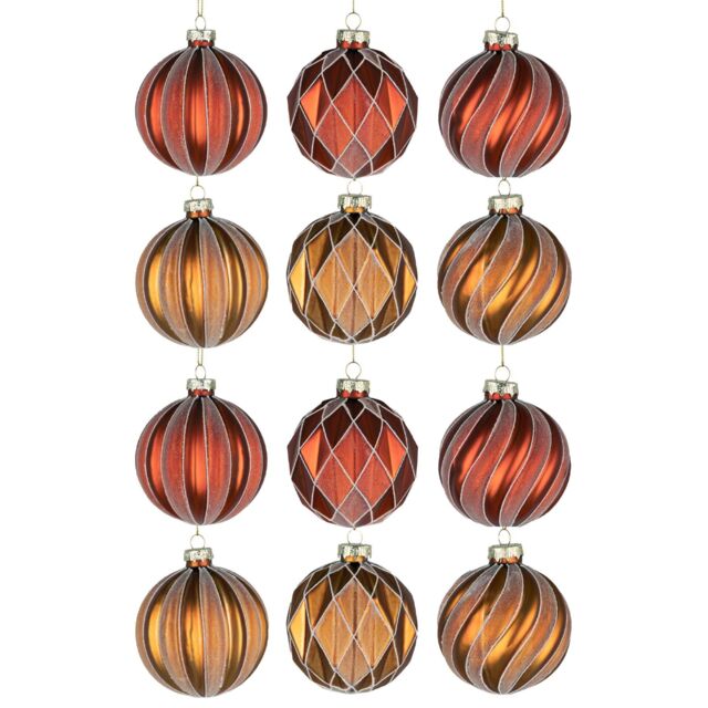 Shatchi Christmas 8cm Red & Amber Glass Baubles Set - 12pcs Ornaments with 6 Assorted Designs for Tree Decorations - image 1