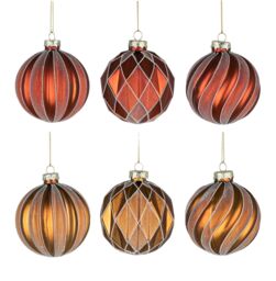 Shatchi Christmas 8cm Red & Amber Glass Baubles Set - 12pcs Ornaments with 6 Assorted Designs for Tree Decorations - thumbnail 6
