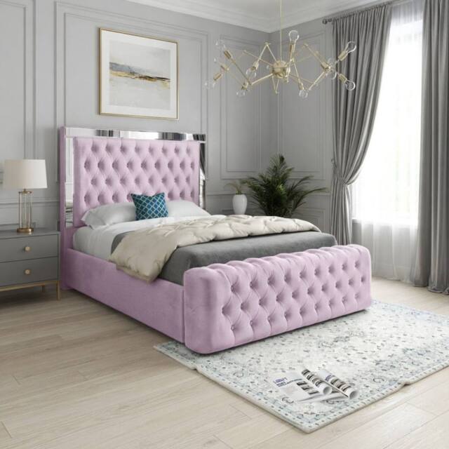 KDMD Reigate Mirror Upholstered Pink Soft Velvet Designer Bed Frame - Size: Single - image 1