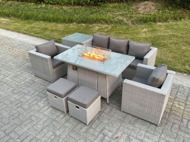 Fimous Rattan Garden Furniture Set Gas Fire Pit Lounge Sofa Chair Dining Set With Side Table & 2 PC Arm Chair in Light Grey - image 1