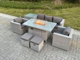 Fimous Rattan Garden Furniture Set Gas Fire Pit Lounge Sofa Chair Dining Set With Side Table & 2 PC Arm Chair in Light Grey - thumbnail 3
