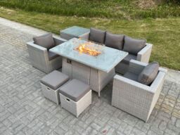 Fimous Rattan Garden Furniture Set Gas Fire Pit Lounge Sofa Chair Dining Set With Side Table & 2 PC Arm Chair in Light Grey - thumbnail 4
