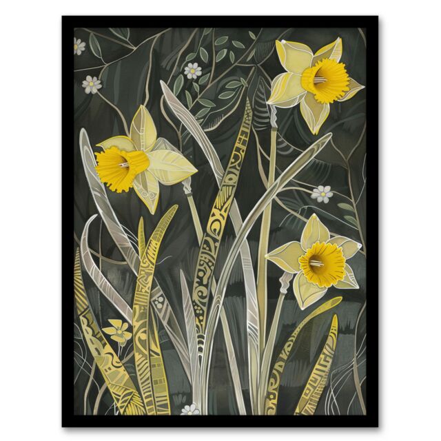 "Artery8 Daffodil Green Forest Artwork Dark Spring Floral Framed Art Print in Yellow - Size: W12"" x H16""" - image 1