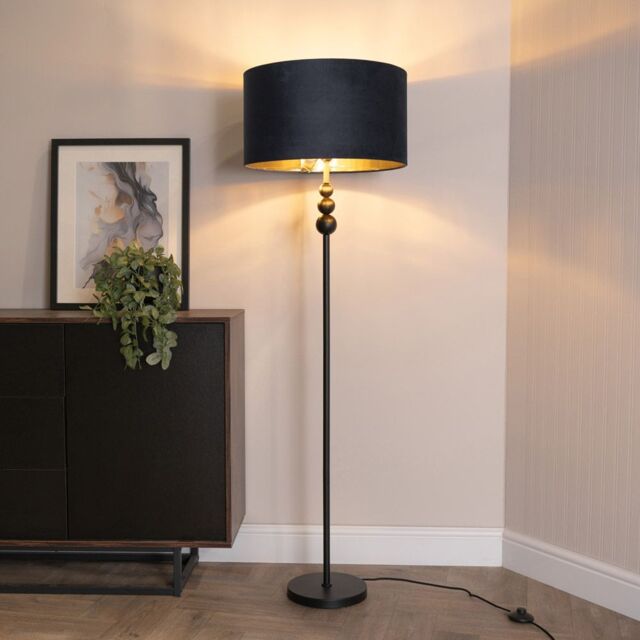ValueLights Marissa Black Stacked Ball Floor Lamp with Velvet Drum & Gold Inner Shade & Bulb - image 1