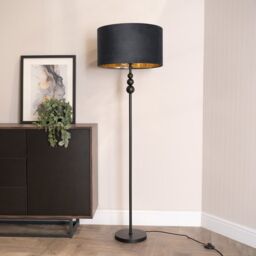 ValueLights Marissa Black Stacked Ball Floor Lamp with Velvet Drum & Gold Inner Shade & Bulb - thumbnail 3