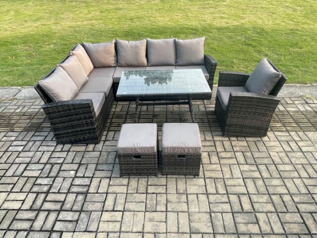 Fimous 9 Seater Outdoor Furniture Garden Dining Set Rattan Corner Sofa Set with 2 Small Footstools Dark Grey Mixed - image 1