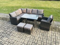 Fimous 9 Seater Outdoor Furniture Garden Dining Set Rattan Corner Sofa Set with 2 Small Footstools Dark Grey Mixed - thumbnail 2
