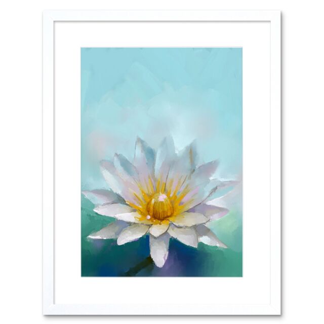 "Artery8 Wall Art Print Flower Lotus Painting Art Framed 9x7 inch in White - Size: W7"" x H9""" - image 1