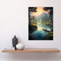 Artery8 Wall Art Print Fishermen Casting Nets at Sunrise Acrylic Painting Men Fishing in Countryside River Serene Mountain Forest Landscape Poster - thumbnail 4