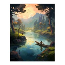 Artery8 Wall Art Print Fishermen Casting Nets at Sunrise Acrylic Painting Men Fishing in Countryside River Serene Mountain Forest Landscape Poster - thumbnail 1