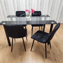 KOSY KOALA Black Clear Glass Dining Table With 4 Black Tufted Velvet Chairs Kitchen Dining Set - Size: 120 cm x 70 cm - thumbnail 5