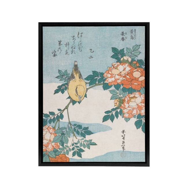 "Artery8 Bush Warbler & Roses Framed Canvas Wall Art Print Katsushika Hokusai in Orange - Size: W12"" x H16""" - image 1