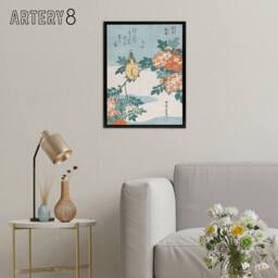"Artery8 Bush Warbler & Roses Framed Canvas Wall Art Print Katsushika Hokusai in Orange - Size: W12"" x H16""" - thumbnail 3