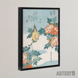 "Artery8 Bush Warbler & Roses Framed Canvas Wall Art Print Katsushika Hokusai in Orange - Size: W12"" x H16""" - thumbnail 2
