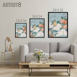 "Artery8 Bush Warbler & Roses Framed Canvas Wall Art Print Katsushika Hokusai in Orange - Size: W12"" x H16""" - thumbnail 4