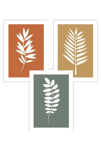 ARTZE Set of 3 Orange Yellow Green Graphical Leaves Art Posters - Size: W50 cm x H70 cm - image 1