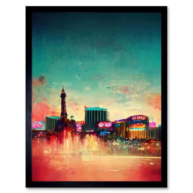 "Artery8 Wall Art Print Modern Las Vegas Skyline Colourful Acrylic Cityscape Art Framed in Black - Size: W12"" x H16""" - image 1