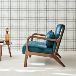 sweeek Scandi-style Armchair In Velvet & Light Walnut-stained Hevea Wood in Beige - thumbnail 3