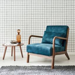 sweeek Scandi-style armchair in velvet & light walnut-stained hevea wood in Dark Blue - thumbnail 1