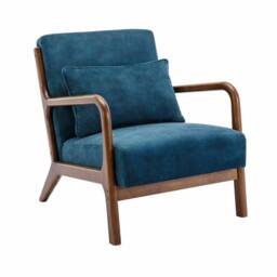 sweeek Scandi-style armchair in velvet & light walnut-stained hevea wood in Dark Blue - thumbnail 2