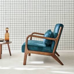 sweeek Scandi-style armchair in velvet & light walnut-stained hevea wood in Dark Blue - thumbnail 7
